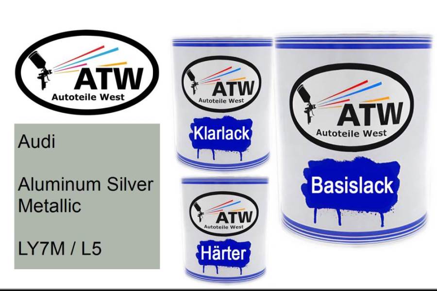 Audi, Aluminum Silver Metallic, LY7M / L5: 1L Lackdose + 1L Klarlack + 500ml Härter - Set, von ATW Autoteile West.